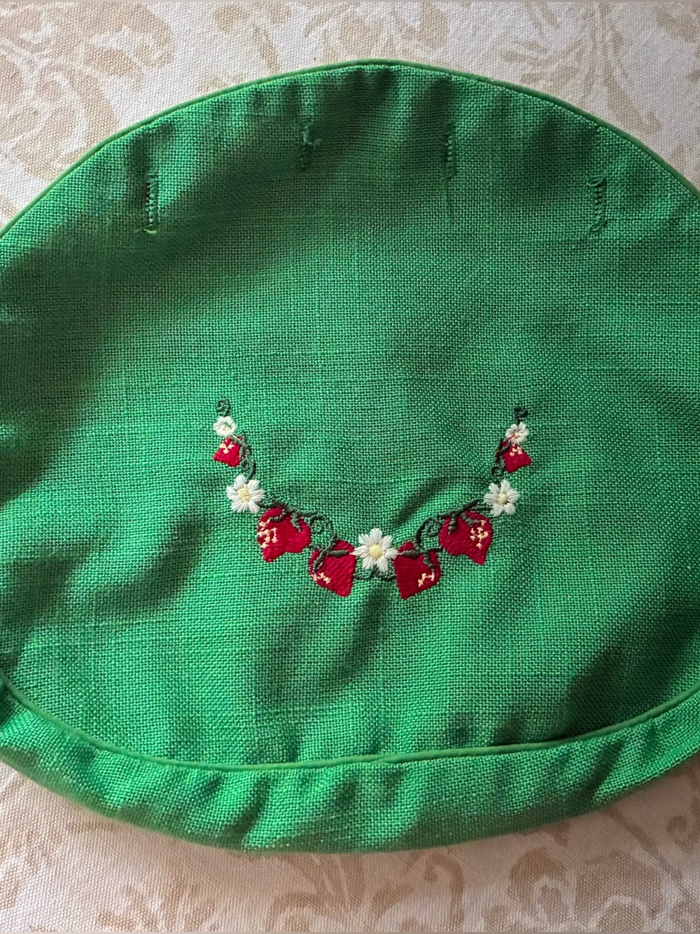 Bermuda Bag Cover Green Strawberries Piping 4 Button Linen Cotton Vintage